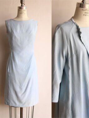 Vintage 1960s Dress with Pockets, Emma Domb Pale Blue,  Matching Jacket and Bow